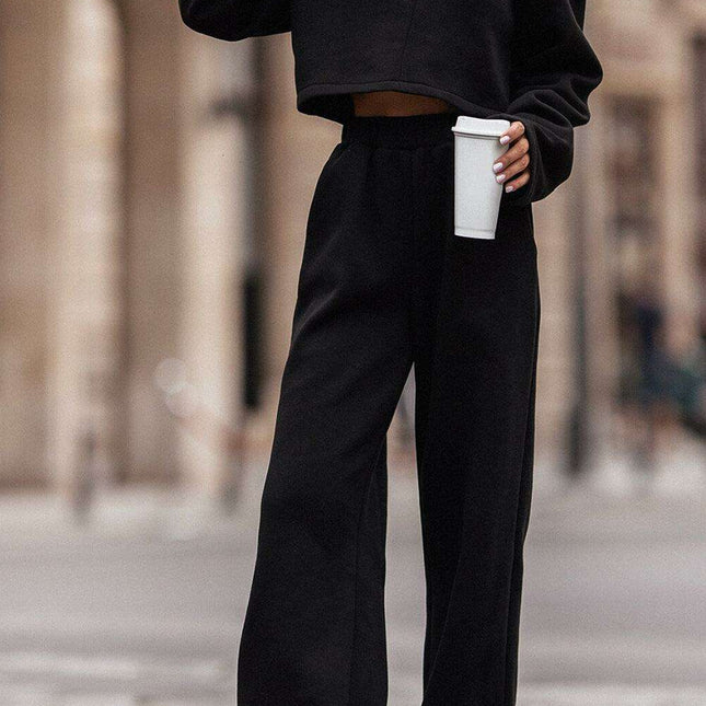 Elegant Black Crop Top with Breezy Wide-Leg Trousers Set
