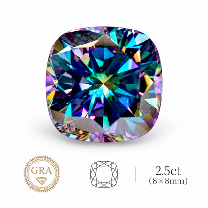 Rainbow Green Moissanite Cushion Cut Gemstone with GRA Certificate