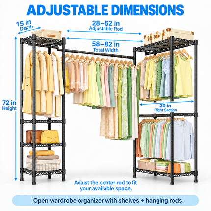 Carbon Steel Expandable Corner Clothes Rack — L-Shape & I-Shape, 58–82″W × 72″H Reach-In Closets carbon-steel-expandable-corner-clothes-rack-l-shape-i-shape Furniture > Bedroom Furniture > Wardrobes > Garment Racks