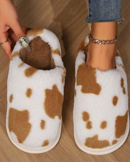 Adorable Cow Print Plush Slippers for Couples - Cozy Non-Slip Fuzzy House Shoes for Winter