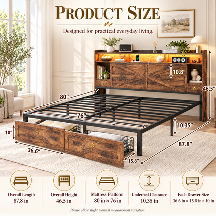 Farmhouse King Bed Frame with LED Headboard, 4-Drawer Storage & Charging Station Platform Beds & Bed Frames king-bed-frame-with-led-lights-storage-drawers-charging-station-farmhouse-style-no-box-spring-needed Furniture > Bedroom Furniture > Beds & Bed Frames