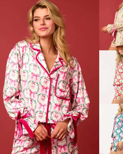 2 Pcs Women's Christmas Pajama Set Santa Tree Print Lapel Neck Button-up Long Sleeve Tops Shorts Loungewear Outfit