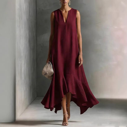 Elegant Deep V-Neck Sleeveless Asymmetrical Hemline Maxi Dress