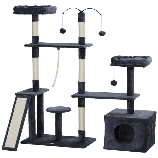 Dark Grey Cat Tree with Scratching Ramp, Condo and Two Beds, 134 cm