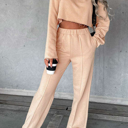 Trendy Khaki Distressed Crop Top and Wide Leg Trousers Set for Effortless Style