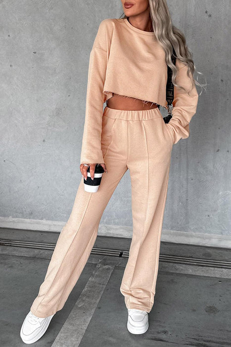 Khaki Distressed Ensemble with Crop Top and Wide Leg Pants
