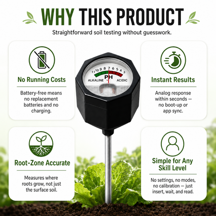 Soil pH Meter with Rod — Portable Analog Tester, Battery-Free