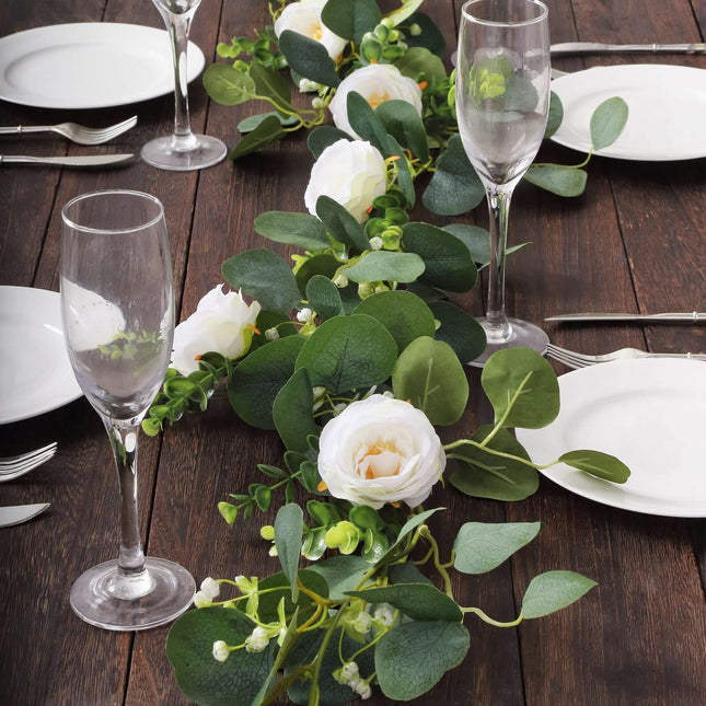 AliKopy 5.5ft Eucalyptus Leaf Hanging Vines with 7 White Roses, Table