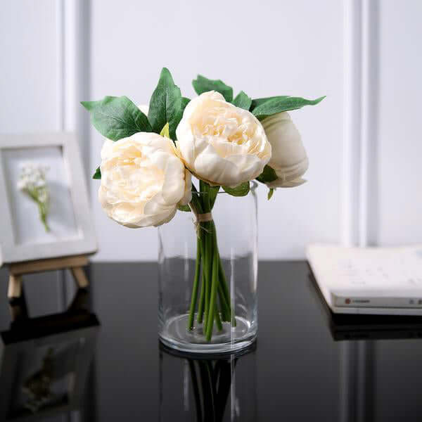 AliKopy 5 Flower Head Beige Peony Bouquet - Realistic Silk Floral Spra