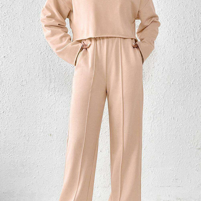 Trendy Khaki Distressed Crop Top and Wide Leg Trousers Set for Effortless Style