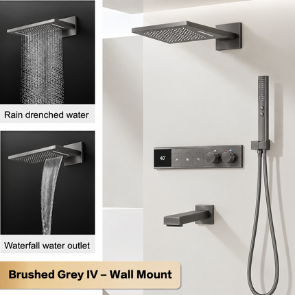 LED Digital Thermostatic Shower Set with Ceiling Rain Head & Slide Bar