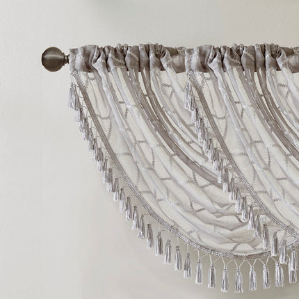 Room and Decor Diamond Sheer Embroidered Waterfall Valance, Grey 38x46
