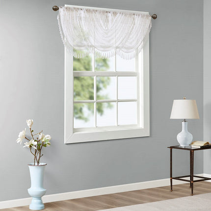 Room & Decor Diamond Sheer Embroidered Waterfall Valance, 38x46", Whit