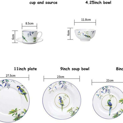 Colorful Parrot-Themed Porcelain Dining Collection: Bowl, Cup, Saucer, and Serving Tray