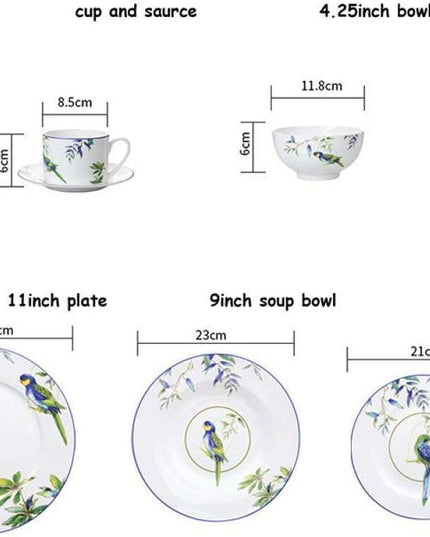 Colorful Parrot-Themed Porcelain Dining Collection: Bowl, Cup, Saucer, and Serving Tray