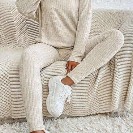 Chic Apricot Ribbed Knit Lounge Ensemble: Long Sleeve Top & Slim Fit Pants