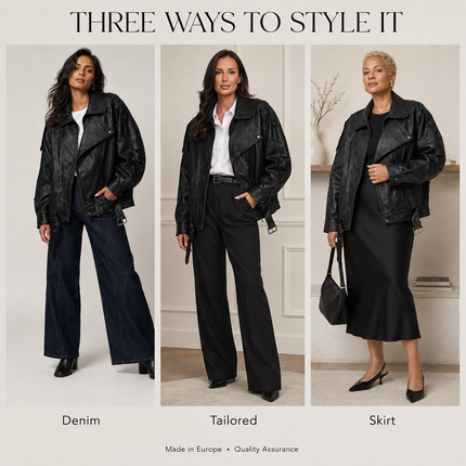 Oversized Faux Leather Jacket — High Collar, Full Zip & Adjustable Belt Coats & Jackets jacket-57 Clothing > Women's Clothing > Outerwear > Jackets & Coats > Faux Leather Jackets
