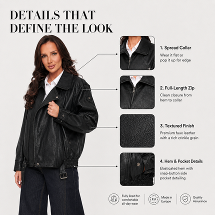 Oversized Faux Leather Jacket — High Collar, Full Zip & Adjustable Belt Coats & Jackets jacket-57 Clothing > Women's Clothing > Outerwear > Jackets & Coats > Faux Leather Jackets