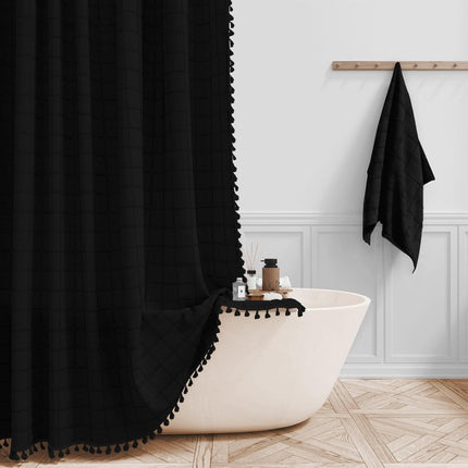 Peekaboo Studio Waterproof Tencel-Linen Checkered Tassel Shower Curtain