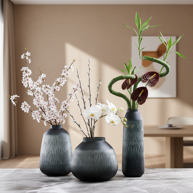 Black Small Mouth Glass Vase For Home Decor Modern Glazed Finish