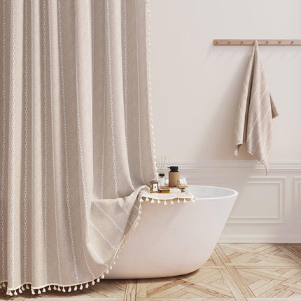 Peekaboo Studio Waterproof Tencel-Linen Checkered Tassel Shower Curtain