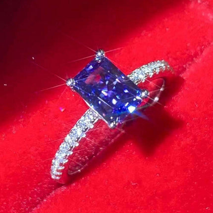 Blue Sapphire Moissanite Ring with Lab Created Diamond in Sterling Silver