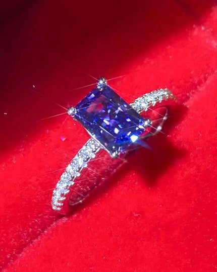 Blue Sapphire Moissanite Ring with Lab Created Diamond in Sterling Silver