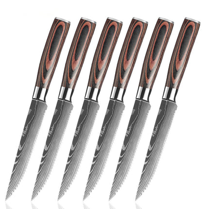 Damascus Pattern Western-Style 6-Piece Steak Knife Set — Serrated Stainless Steel Blades