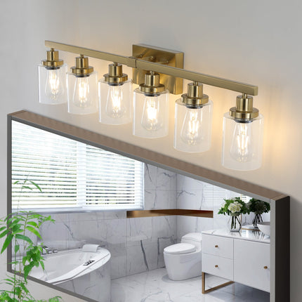 Room & Decor Golden 6-Light Vanity Light, Clear Glass Shades, Modern D