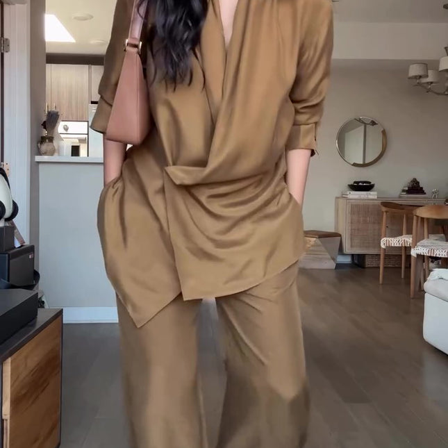 Peekaboo Studio Wrap-Style Satin Blouse & Wide-Leg Pants Set, Elegant