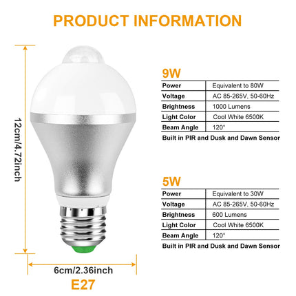 E27 Motion Sensor LED Light Bulb 9W Dusk To Dawn Automatic On Off Indoor Outdoor