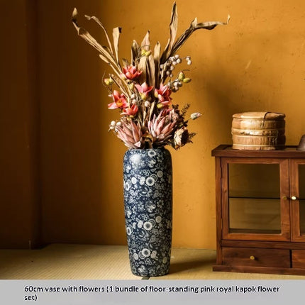 Blue And White Floor Vase Ceramic Tea Rooms Arrangement With Artificial Flowers