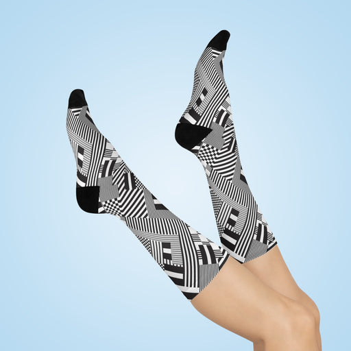 Classic Black and White Geometric Patterned Crew Socks - Unisex One Size Fit