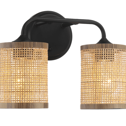 Quell Double Light Vanity Wall Lamp - Black Metal & Natural Rattan Sha