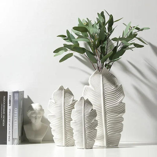 Leafy Elegance: Elegant White Ceramic Vase for Chic Home and Office Decor