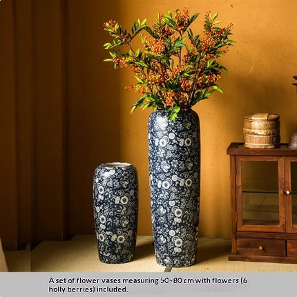 Blue And White Floor Vase Ceramic Tea Rooms Arrangement With Artificial Flowers
