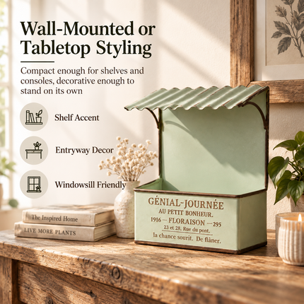 House-Shaped Metal Planter Box — French-Design Text Roof, Vintage Distressed Finish