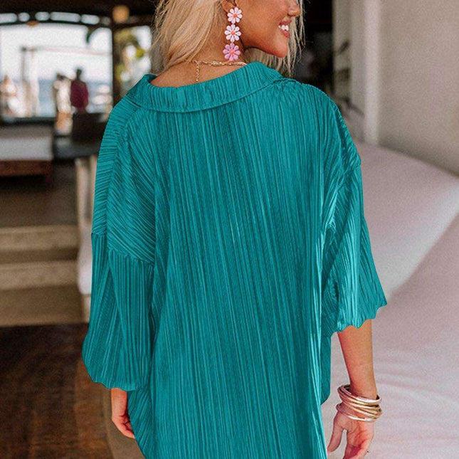 Elegant Blue Rose Pleated Lounge Set with Collared Top and 3/4 Sleeves