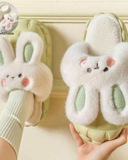 Cute Rabbit Shoes Winter Fuzzy Slippers Women Detachable Washable House Shoes