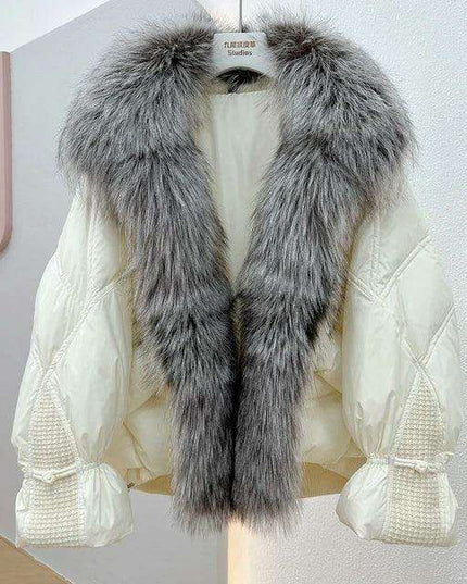 Elegant White Down Puffer Coat with Luxurious Silver Fox Fur Collar - Women's Winter Fashion Statement