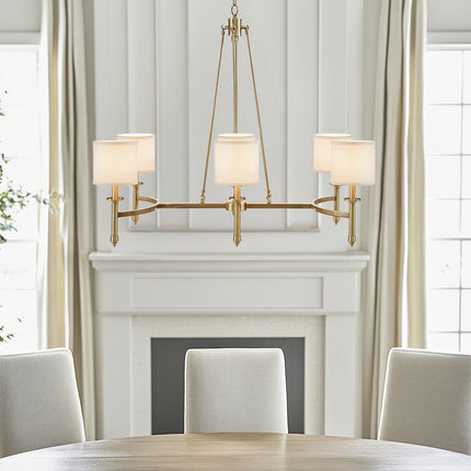 Room & Decor 6-Light Antique Gold Chandelier with Fabric Drum Shades