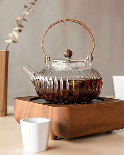800ML Borosilicate Glass Teapot with Wooden Handle and Built-in Strainer for Effortless Stovetop Brewing
