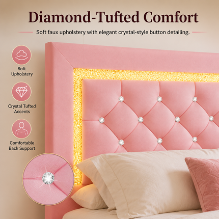 Full Floating Bed Frame with LED Lighting & Pink Diamond Headboard — No Box Spring Needed Platform Beds & Bed Frames full-floating-bed-frame-with-led-lights-pink-upholstered-diamond-headboard-no-box-spring-needed-noise-free-easy-assembly Furniture > Bedroom Furniture > Beds & Bed Frames