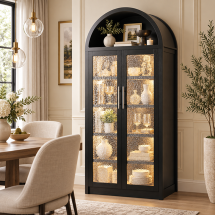 71" Tall Arched Cabinet with LED Lights | Glass Door Pantry Storage Cabinet