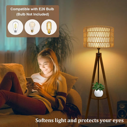 Room & Decor Boho Tripod Floor Lamp with Rattan Shade & Foot Switch