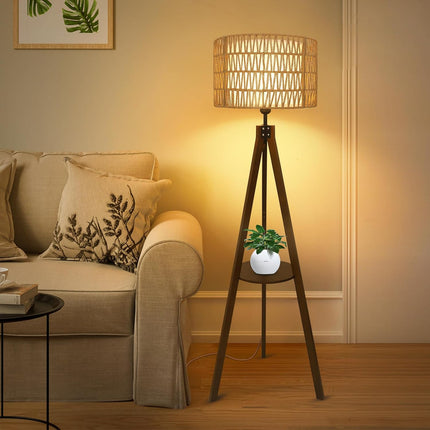 Room & Decor Boho Tripod Floor Lamp with Rattan Shade & Foot Switch