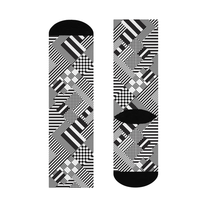 Monochrome Geometric Print Crew Socks - One Size Fits All