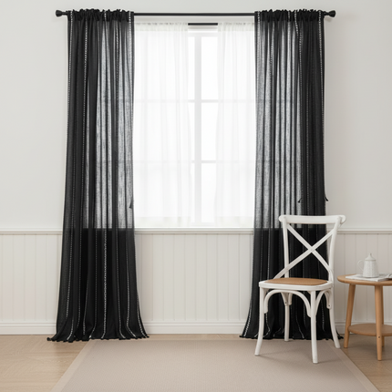 Peekaboo Studio Black and White Jacquard Curtain Rod Set, Pocket Style