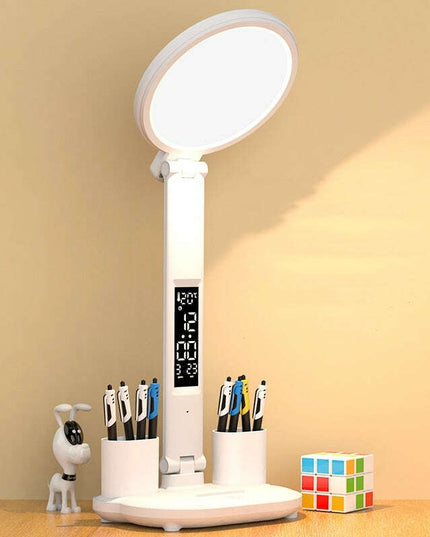 LED Clock Table Lamp USB Chargeable Dimmable Desk Lamp Plug-in LED Fan Light Foldable Eye Protection Reading Night Light