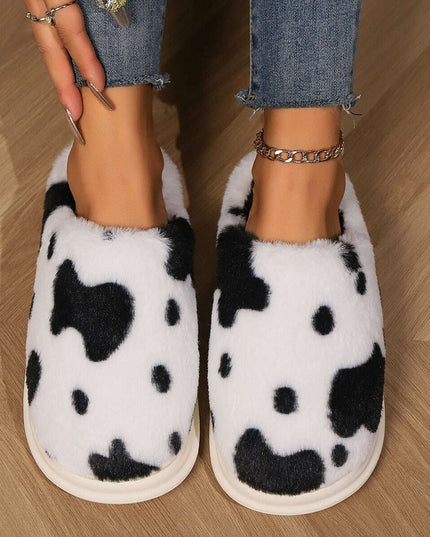 Adorable Cow Print Plush Slippers for Couples - Cozy Non-Slip Fuzzy House Shoes for Winter